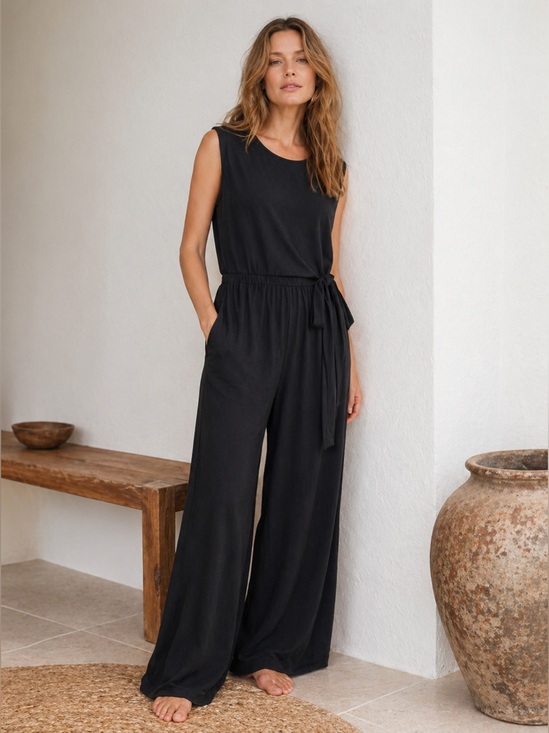 Tiana B. Pants - TIANA B Chic Black Sleeveless Jumpsuit Wide Leg Lightweight Side faux wrap tie